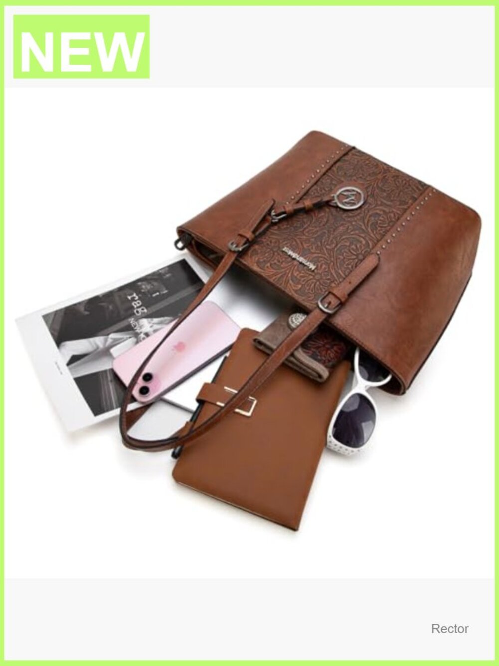 Embossed Vegan Leather Tote Bag Set with Adjustable Strap - Laptop Ready - Picture 5 of 7